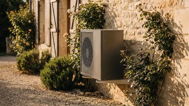 Unité extérieure d’une pompe à chaleur installée près d’une maison